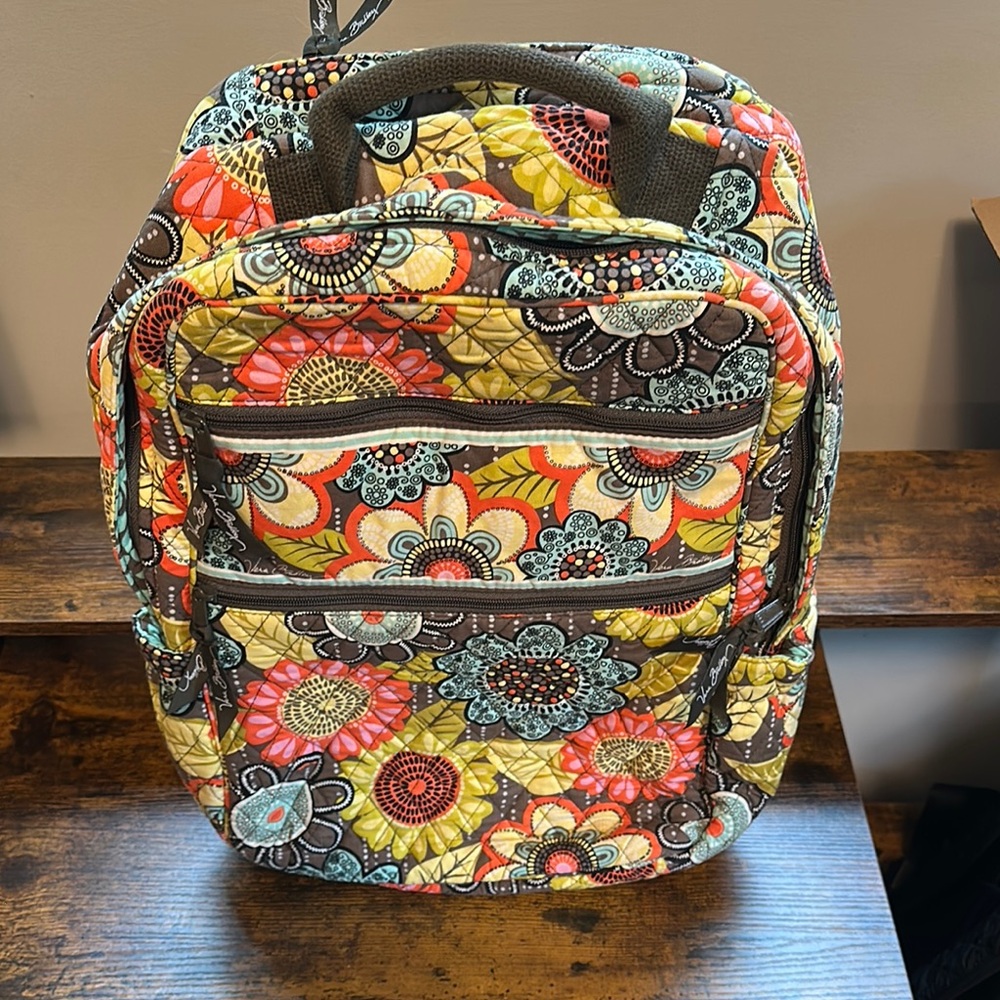 Vera Bradley Orange, Brown, Blue and Yellow Quilted Backpack with Floral Design